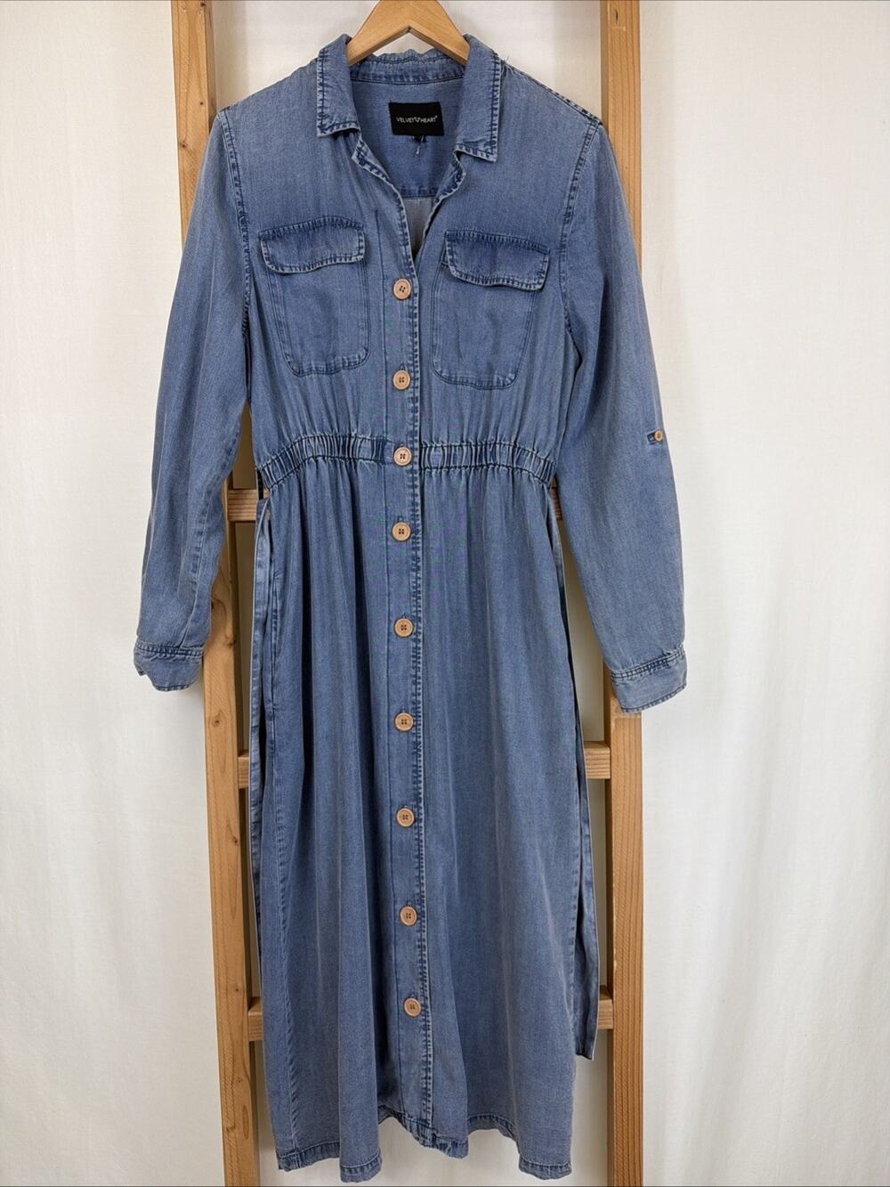 NWT Velvet Heart Blue Pockets Elastic Waist Button Up Shirt Dress #1414 Size SM